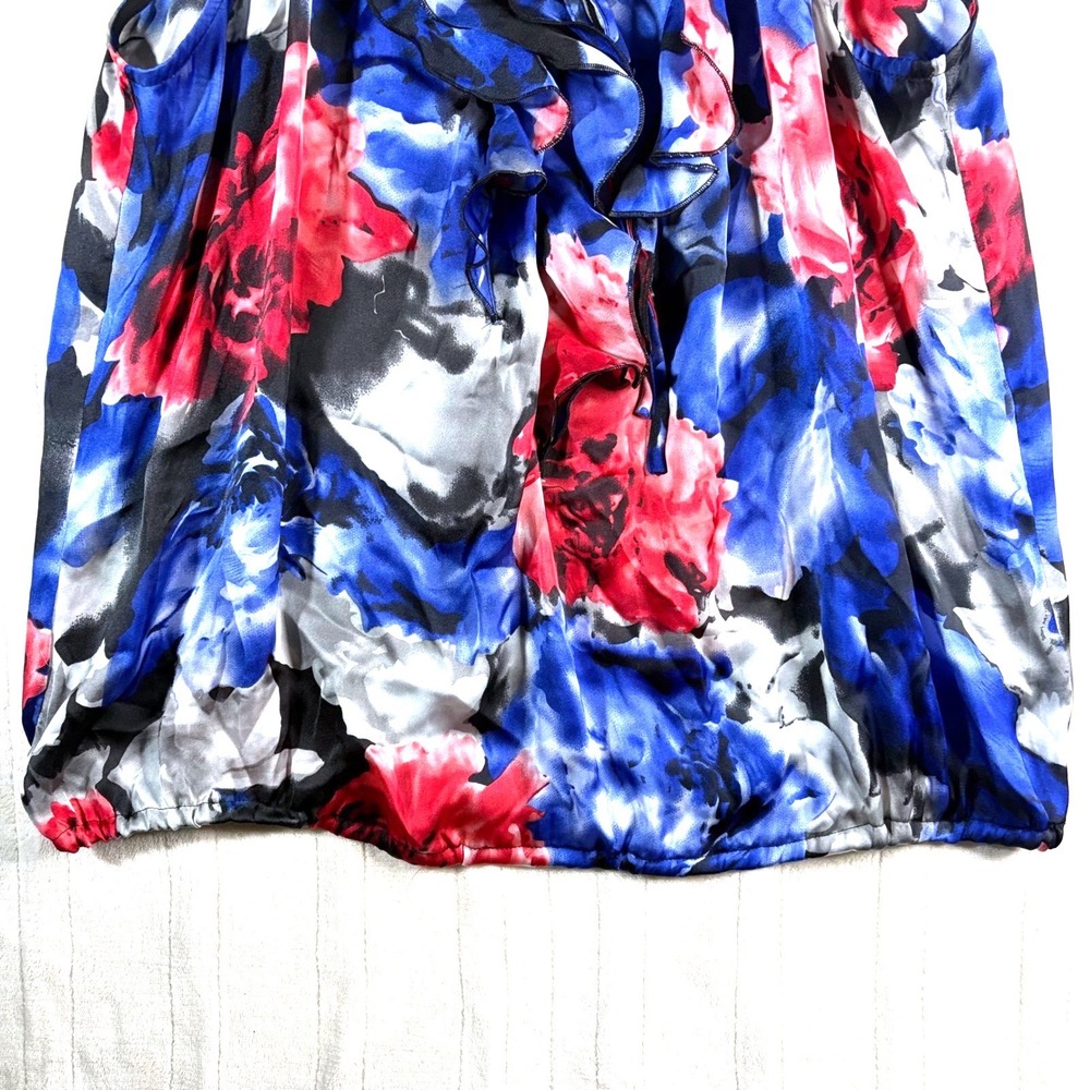 Y2K Women's Silky Floral Ruffle Sleeveless Top - Red, Blue, and Gray Size Large - Picture 3 of 13